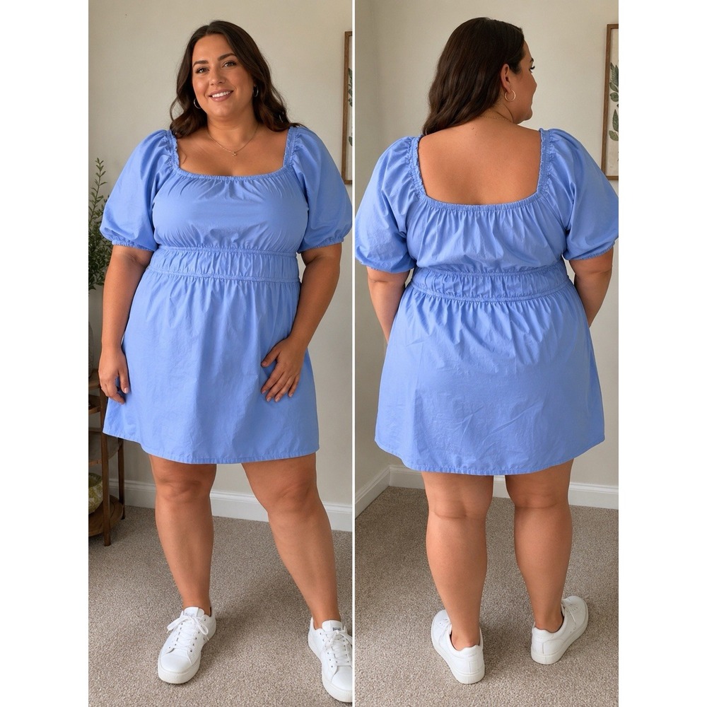 J. Crew Woman's 3X Smocked Puffed Short Sleeve Blue Cottagecore Mini Dress Comfy